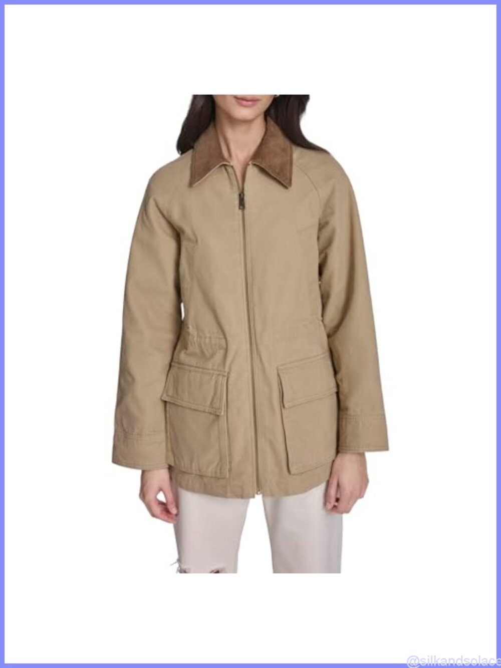 Women's Cotton Barn Jacket Zip Front Collared Long Sleeve Patch Pockets